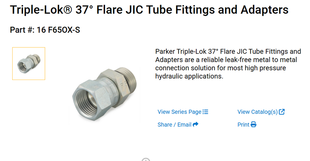 16 F65OX-S Triple Lok 37 Flare JIC Tube Fittings and Adapters