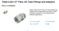 16 F65OX-S Triple Lok 37 Flare JIC Tube Fittings and Adapters